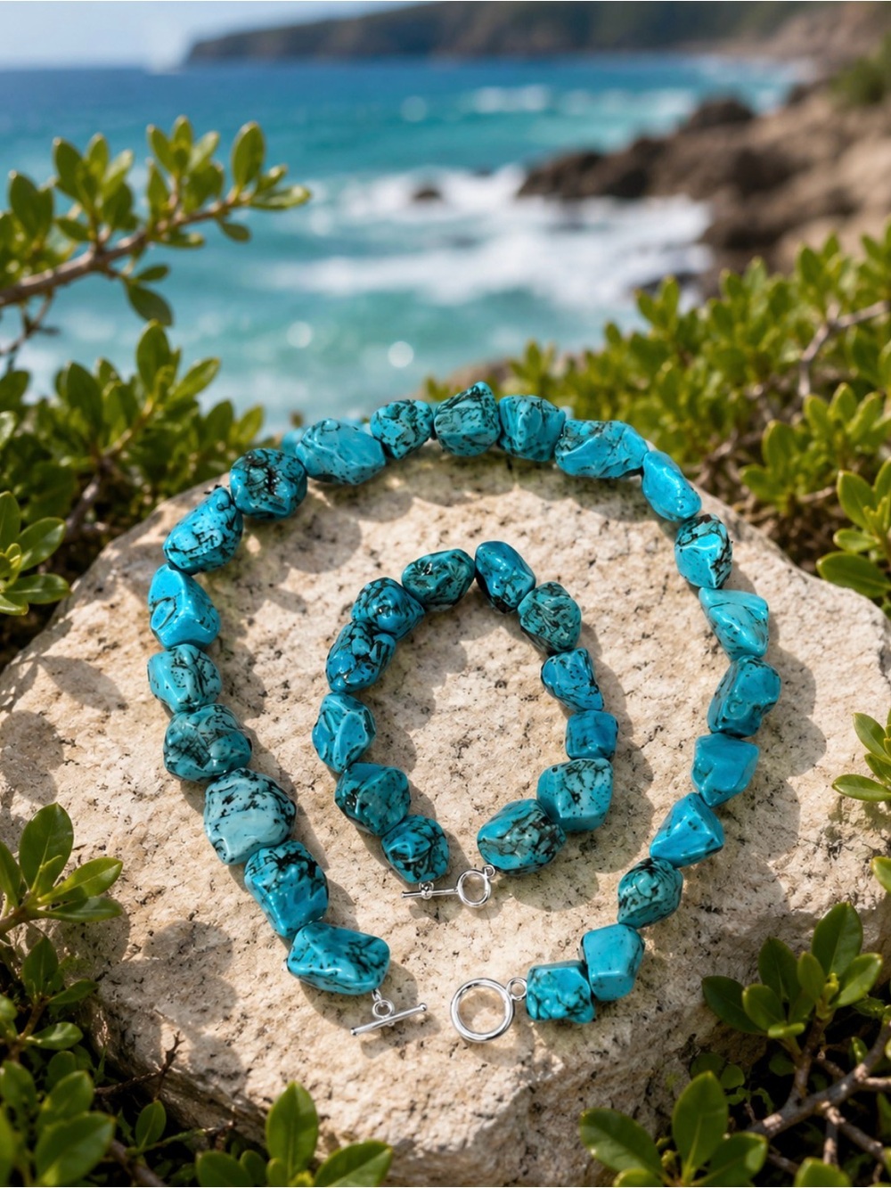 Turquoise Stone Necklace & Bracelet Set - Sterling Silver - Picture 2 of 3